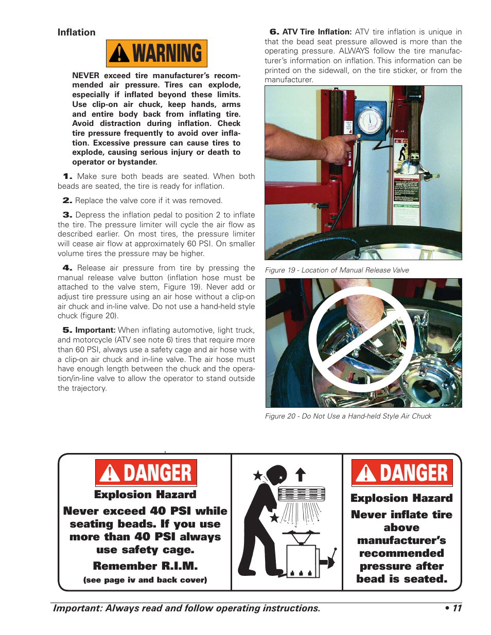 Warning, Danger | COATS 5040 A/E Tire Changer User Manual | Page 15 / 28