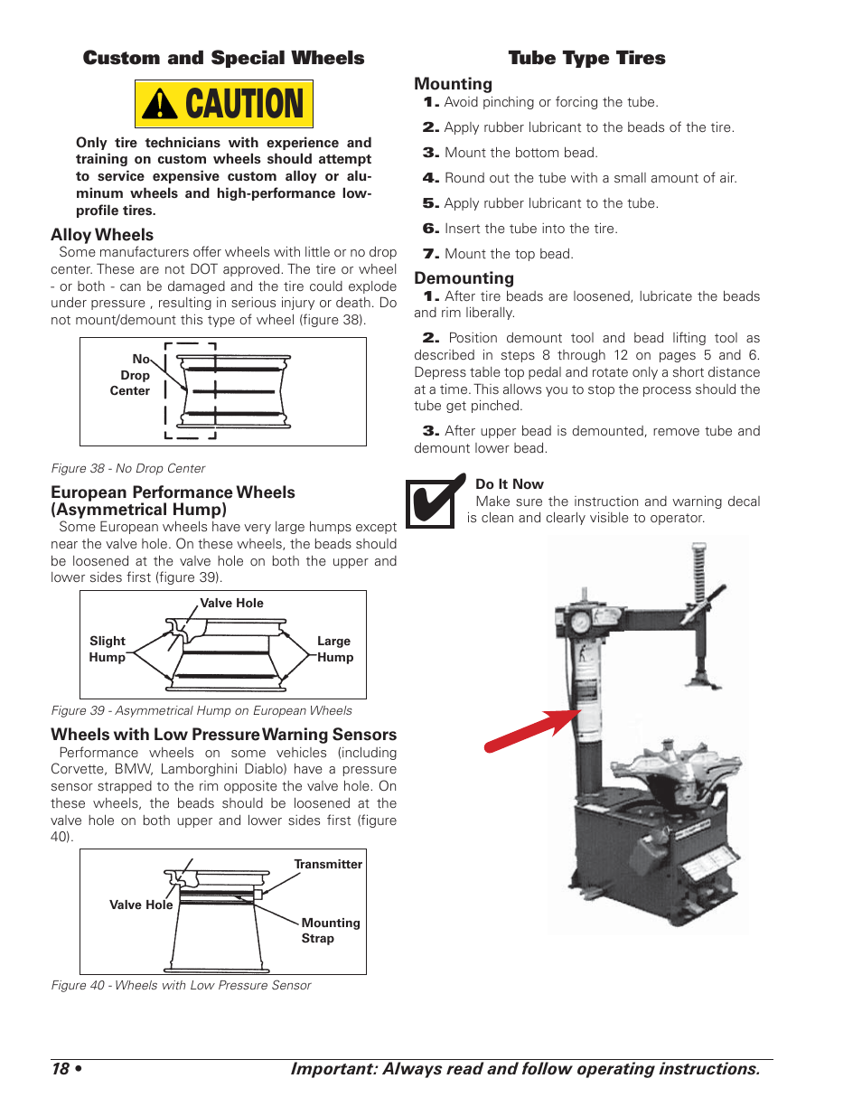 Caution, Custom and special wheels, Tube type tires | COATS 5040 A/E Tire Changer User Manual | Page 22 / 28