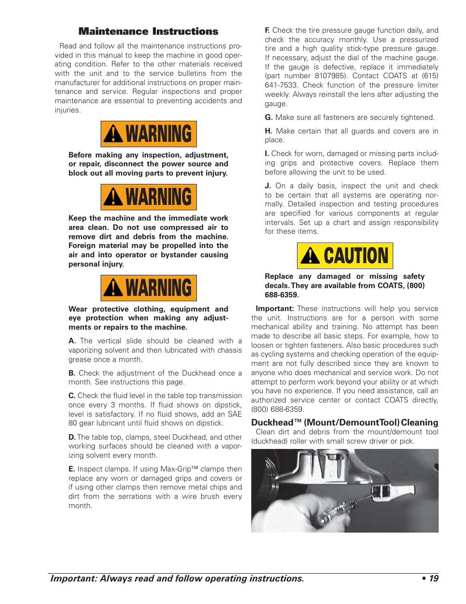 Warning, Caution, Maintenance instructions | COATS 5040 A/E Tire Changer User Manual | Page 23 / 28