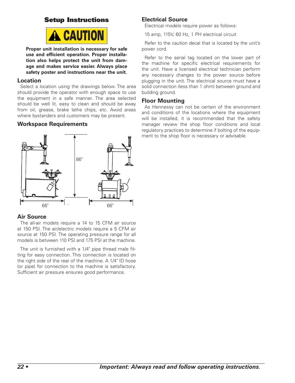 Caution, Setup instructions | COATS 5040 A/E Tire Changer User Manual | Page 26 / 28