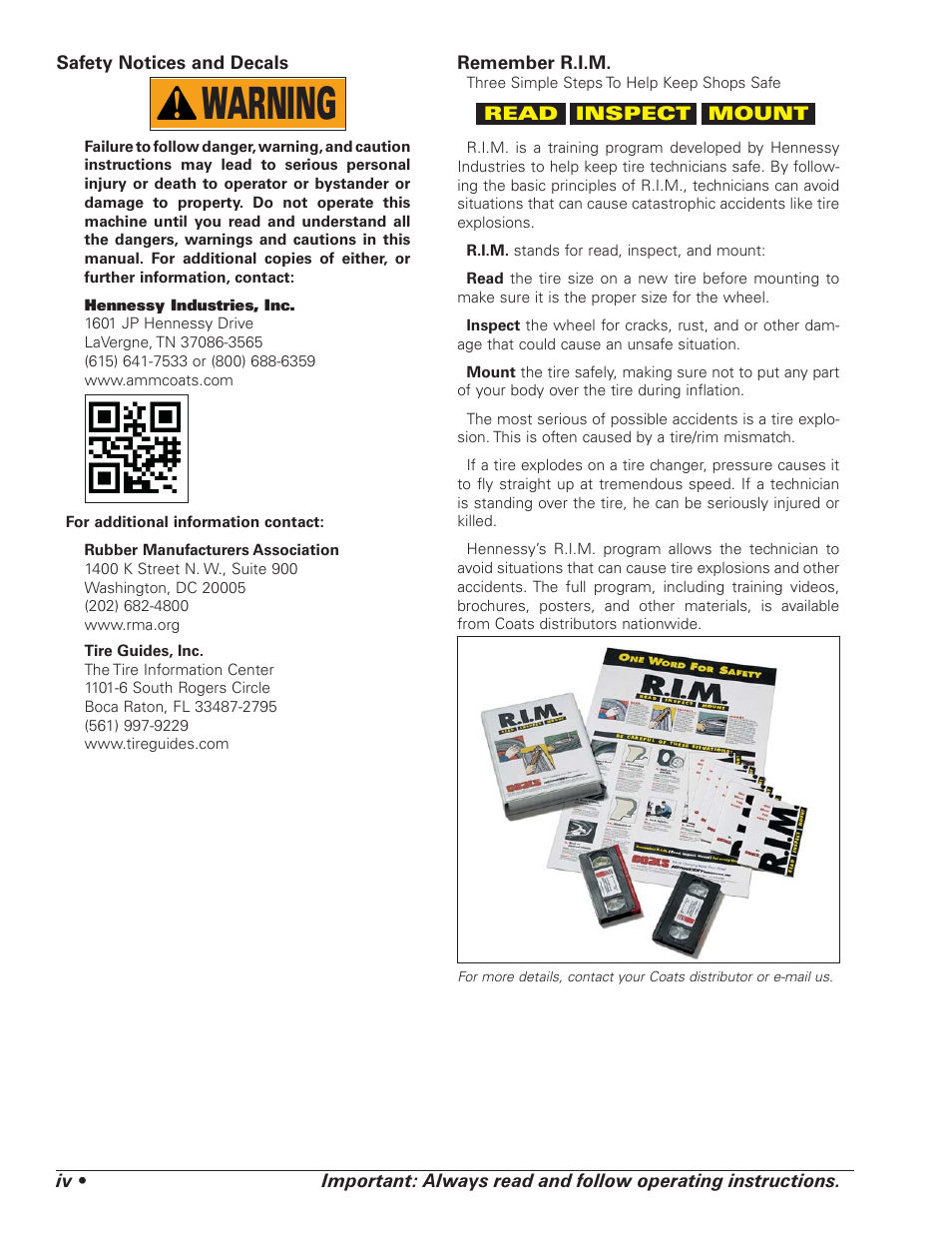 Warning | COATS 5040 A/E Tire Changer User Manual | Page 4 / 28