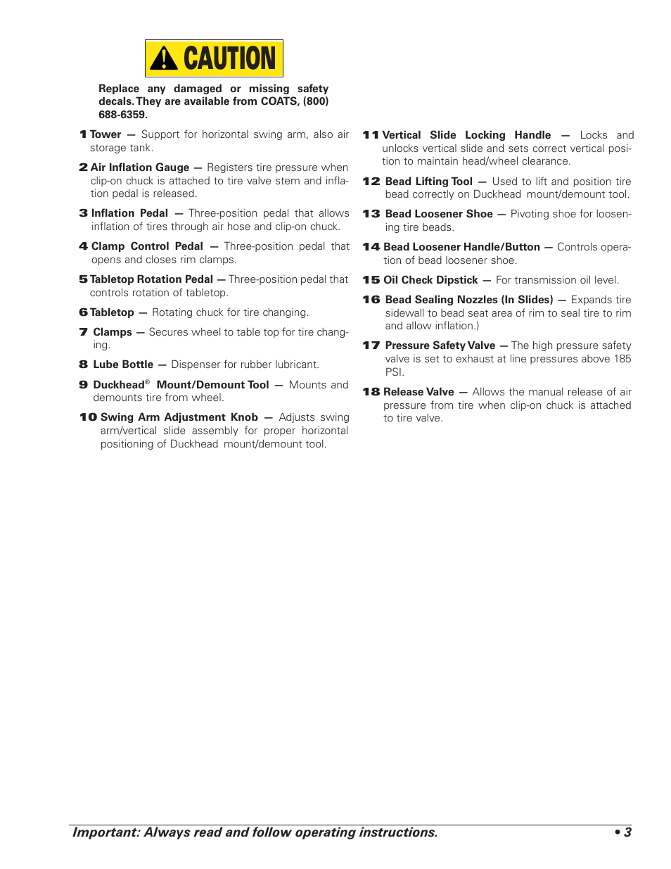 Caution | COATS 5040 A/E Tire Changer User Manual | Page 7 / 28