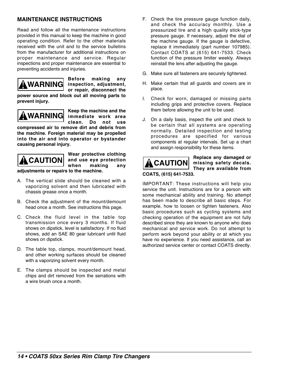 Warning, Warning caution caution | COATS 50xx Series Tire Changer User Manual | Page 16 / 20