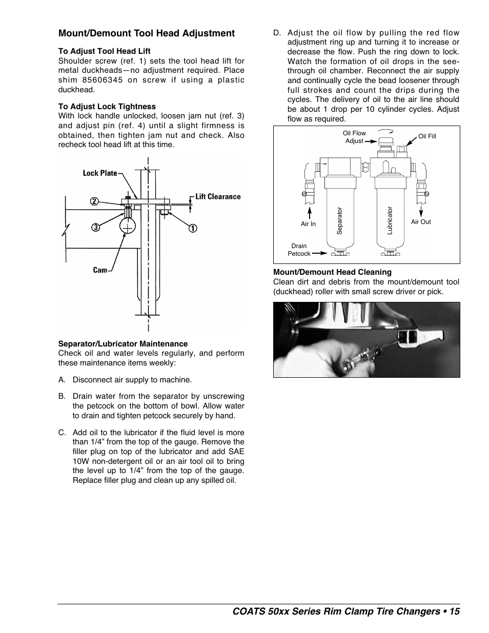 Coats 50xx series rim clamp tire changers • 15, Mount/demount tool head adjustment | COATS 50xx Series Tire Changer User Manual | Page 17 / 20