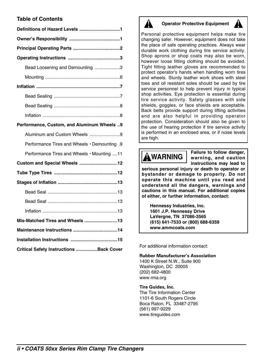 Warning, Ii • coats 50xx series rim clamp tire changers | COATS 50xx Series Tire Changer User Manual | Page 2 / 20