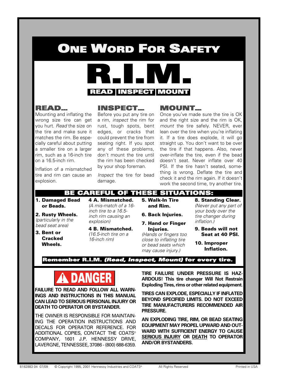 R.i.m, Danger, Afety | COATS 50xx Series Tire Changer User Manual | Page 20 / 20