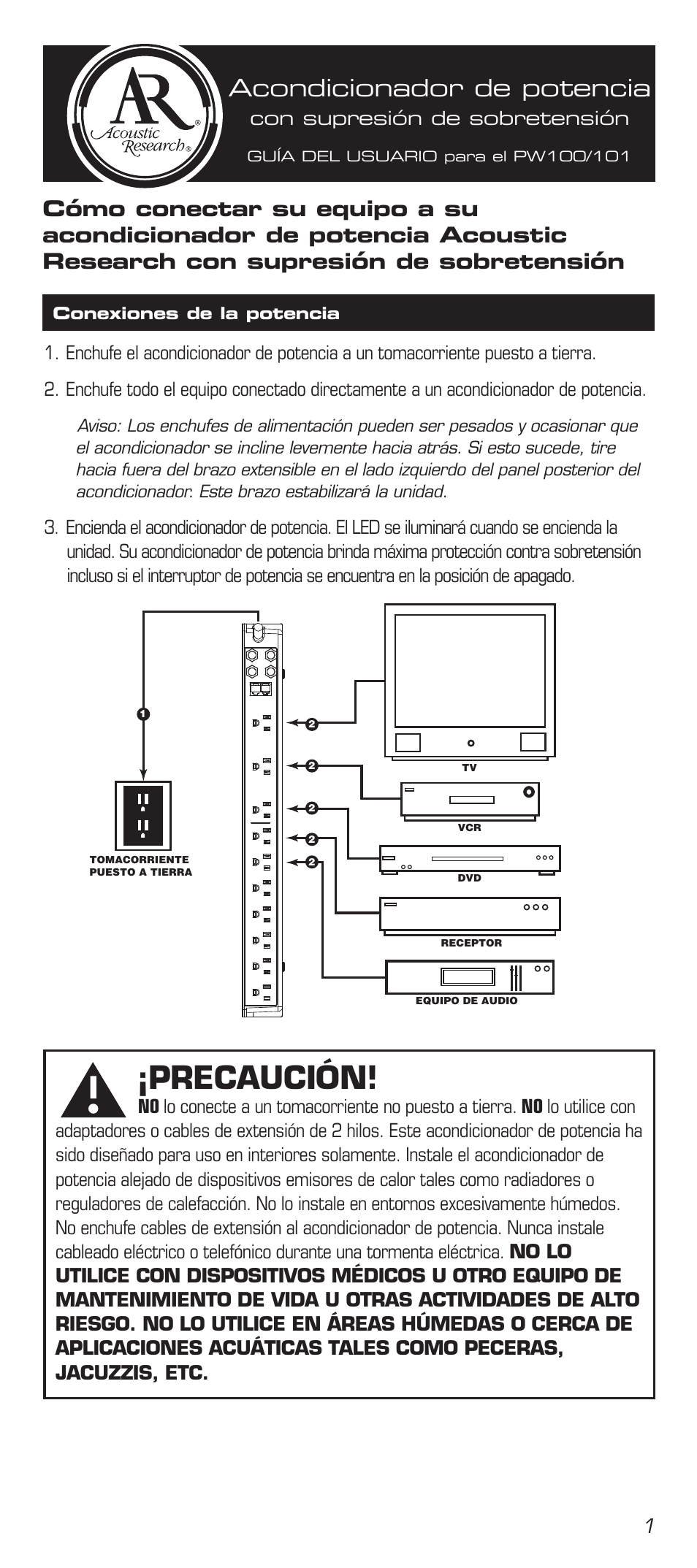 Precaución, Acondicionador de potencia, Luces indicadoras | Con supresión de sobretensión | Acoustic Research PW100 User Manual | Page 5 / 8