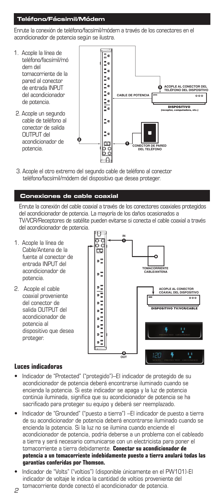 Precaución, Acondicionador de potencia, Luces indicadoras | Con supresión de sobretensión | Acoustic Research PW100 User Manual | Page 6 / 8