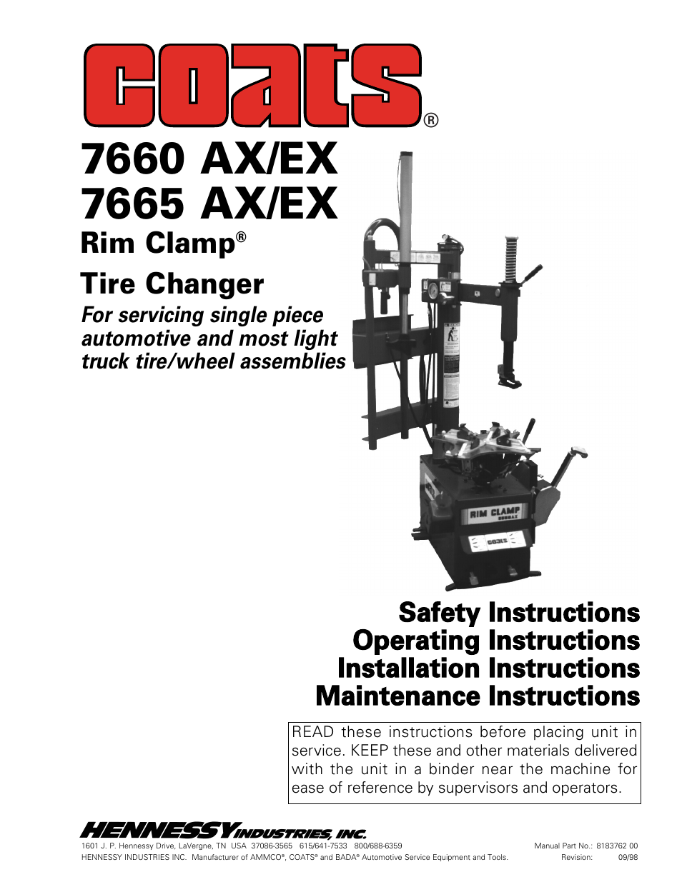 COATS 7665 AX/EX Tire Changer User Manual | 20 pages