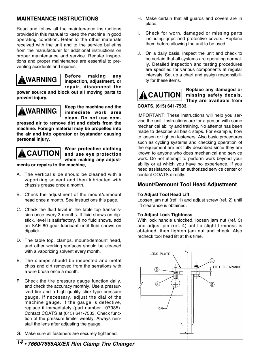 Warning, Warning caution caution | COATS 7665 AX/EX Tire Changer User Manual | Page 16 / 20