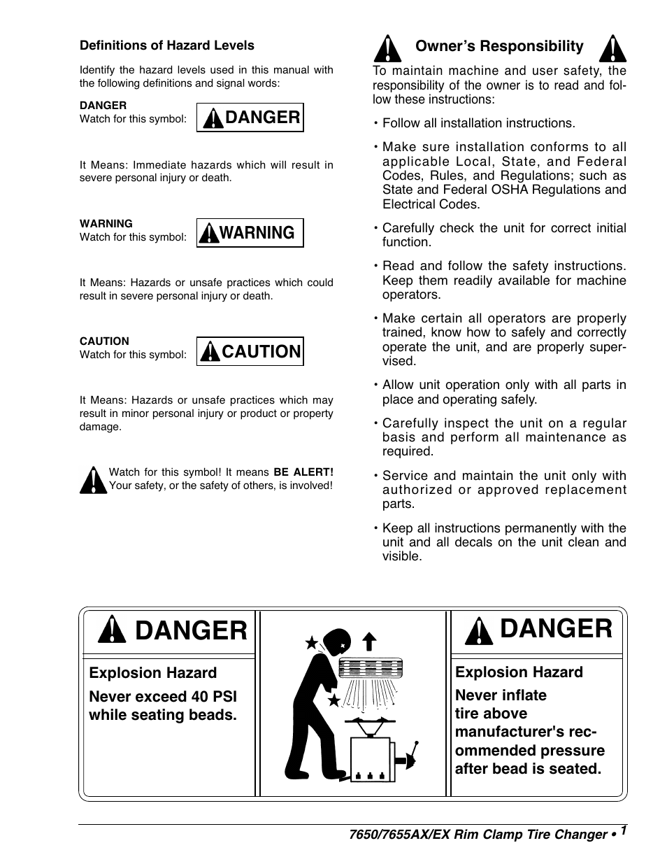 Danger, Danger caution warning | COATS 7665 AX/EX Tire Changer User Manual | Page 3 / 20