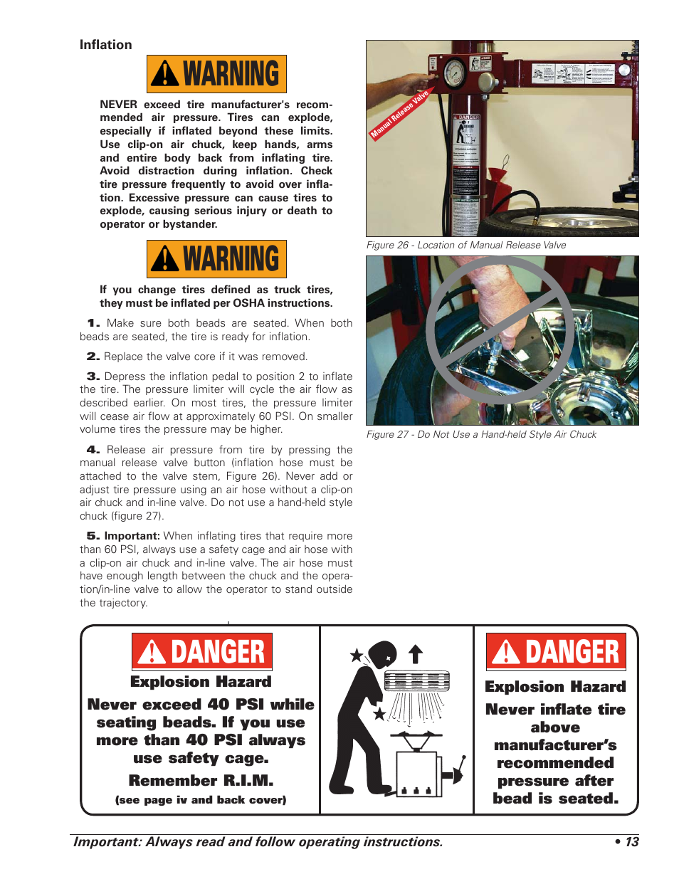 Warning, Danger | COATS 7xxx Series Tire Changer User Manual | Page 17 / 32