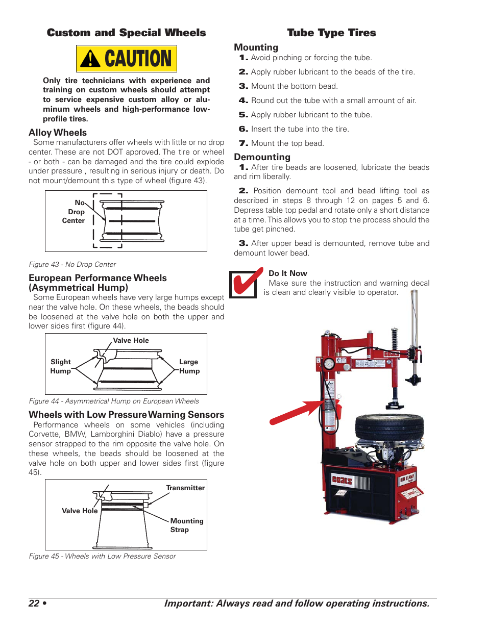 Caution, Custom and special wheels, Tube type tires | COATS 7xxx Series Tire Changer User Manual | Page 26 / 32