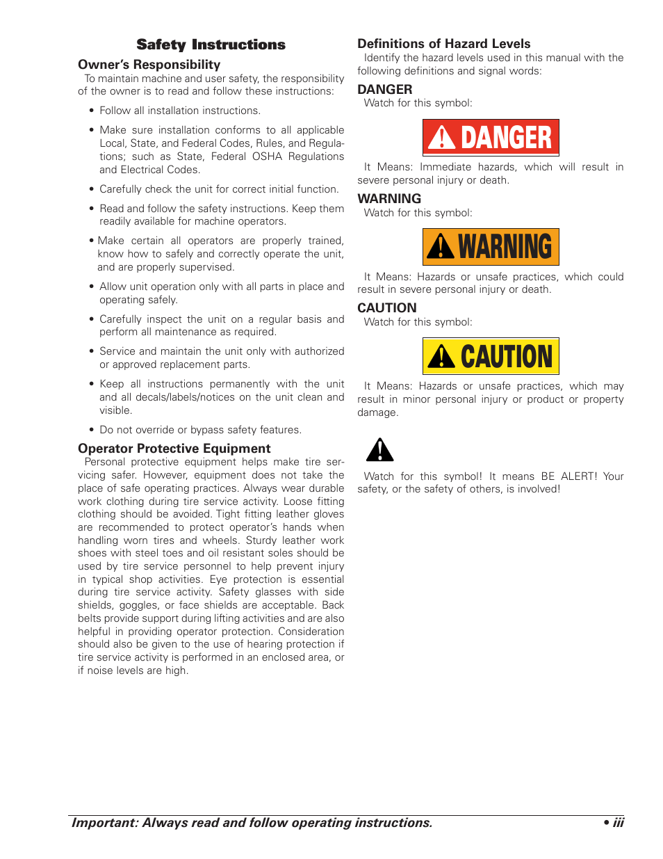 Warning, Danger, Caution | Safety instructions | COATS 7xxx Series Tire Changer User Manual | Page 3 / 32