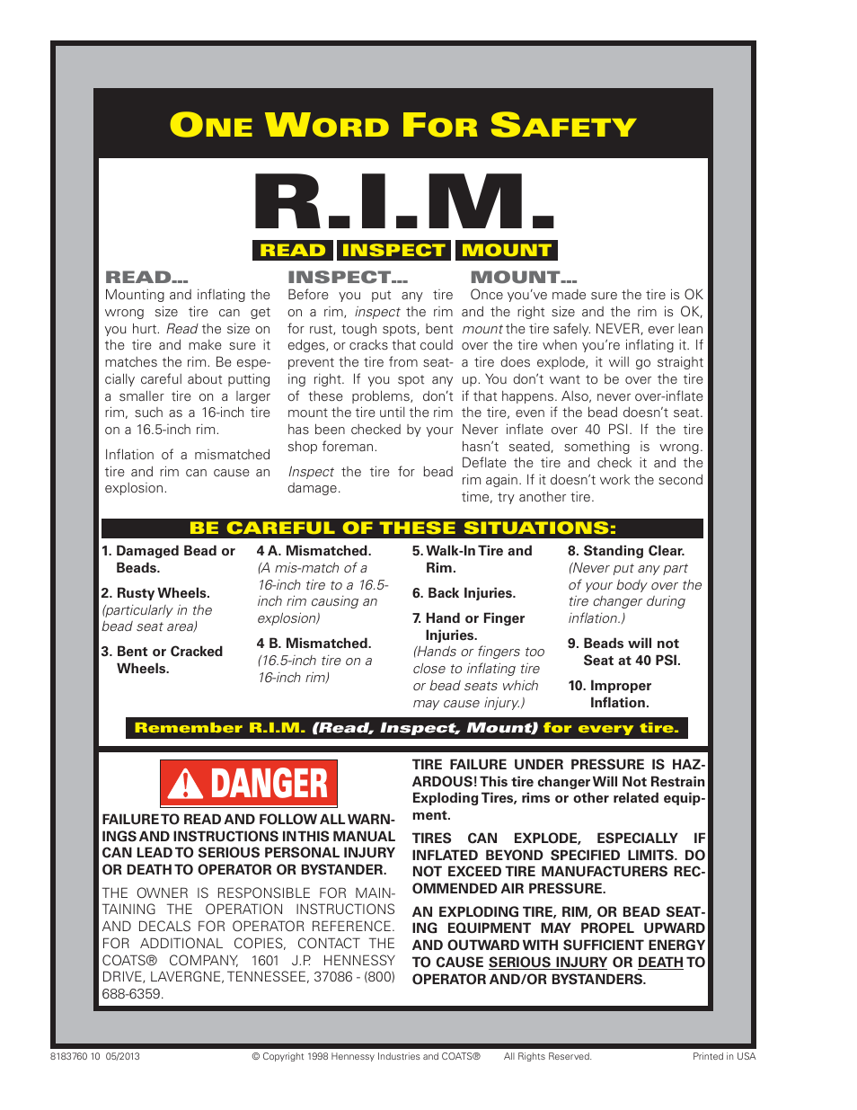R.i.m, Danger, Afety | COATS 7xxx Series Tire Changer User Manual | Page 32 / 32