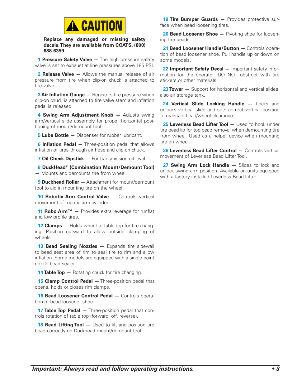 Caution | COATS 7xxx Series Tire Changer User Manual | Page 7 / 32