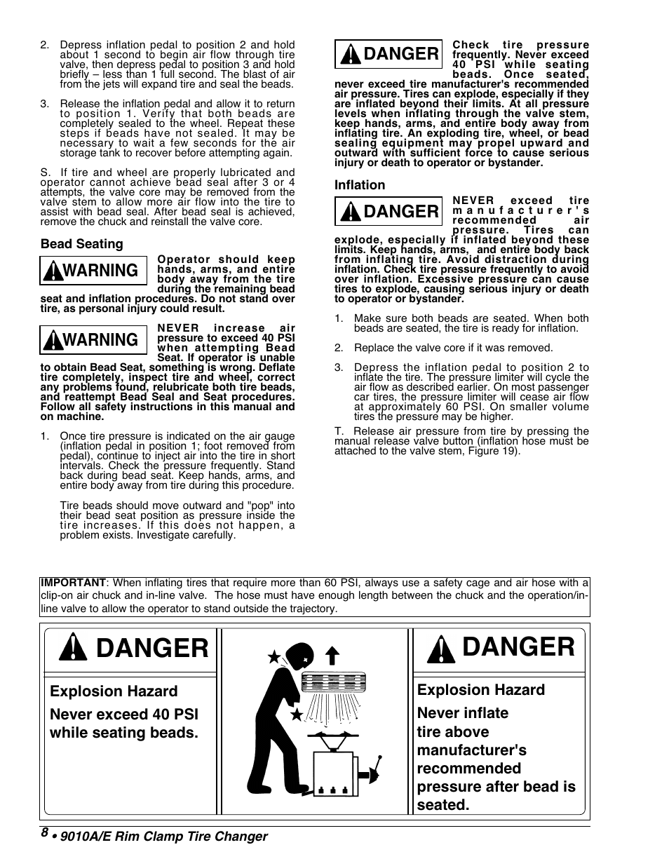 Danger, Warning, Warning danger danger | COATS 9010 AX/EX Tire Changer User Manual | Page 10 / 20