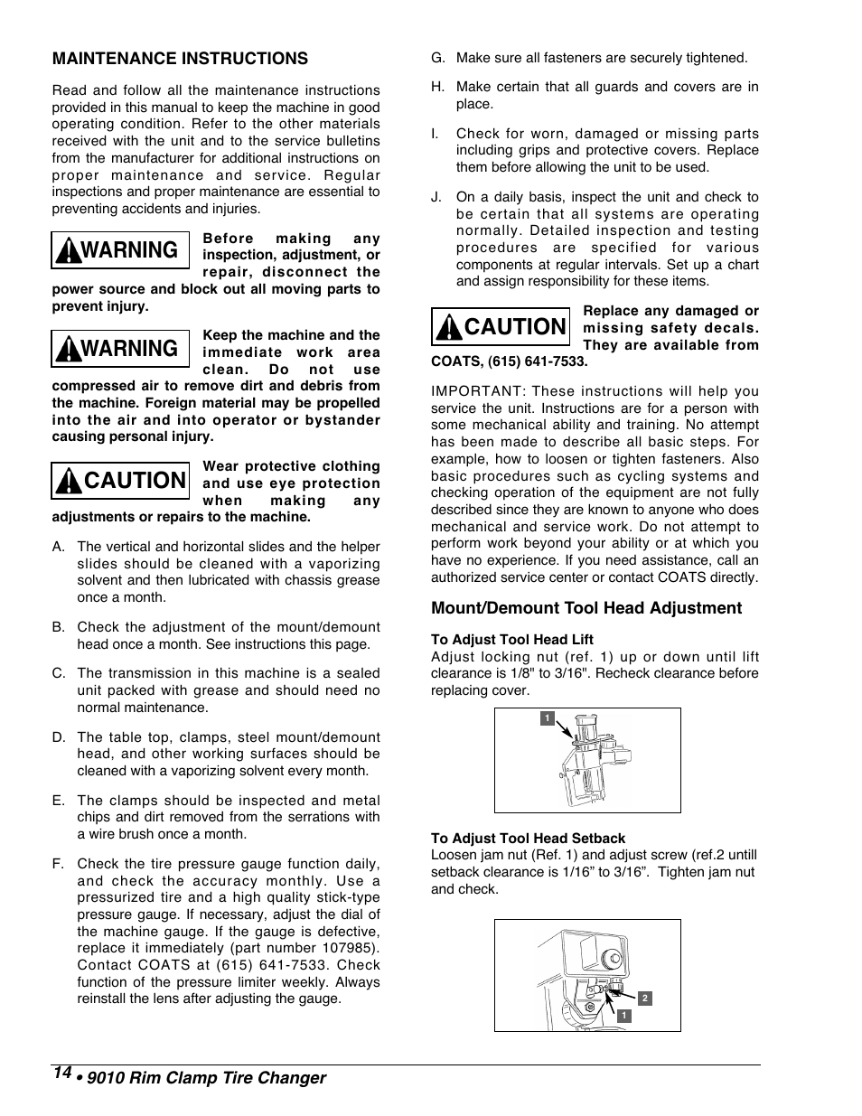 Warning, Warning caution caution | COATS 9010 AX/EX Tire Changer User Manual | Page 16 / 20