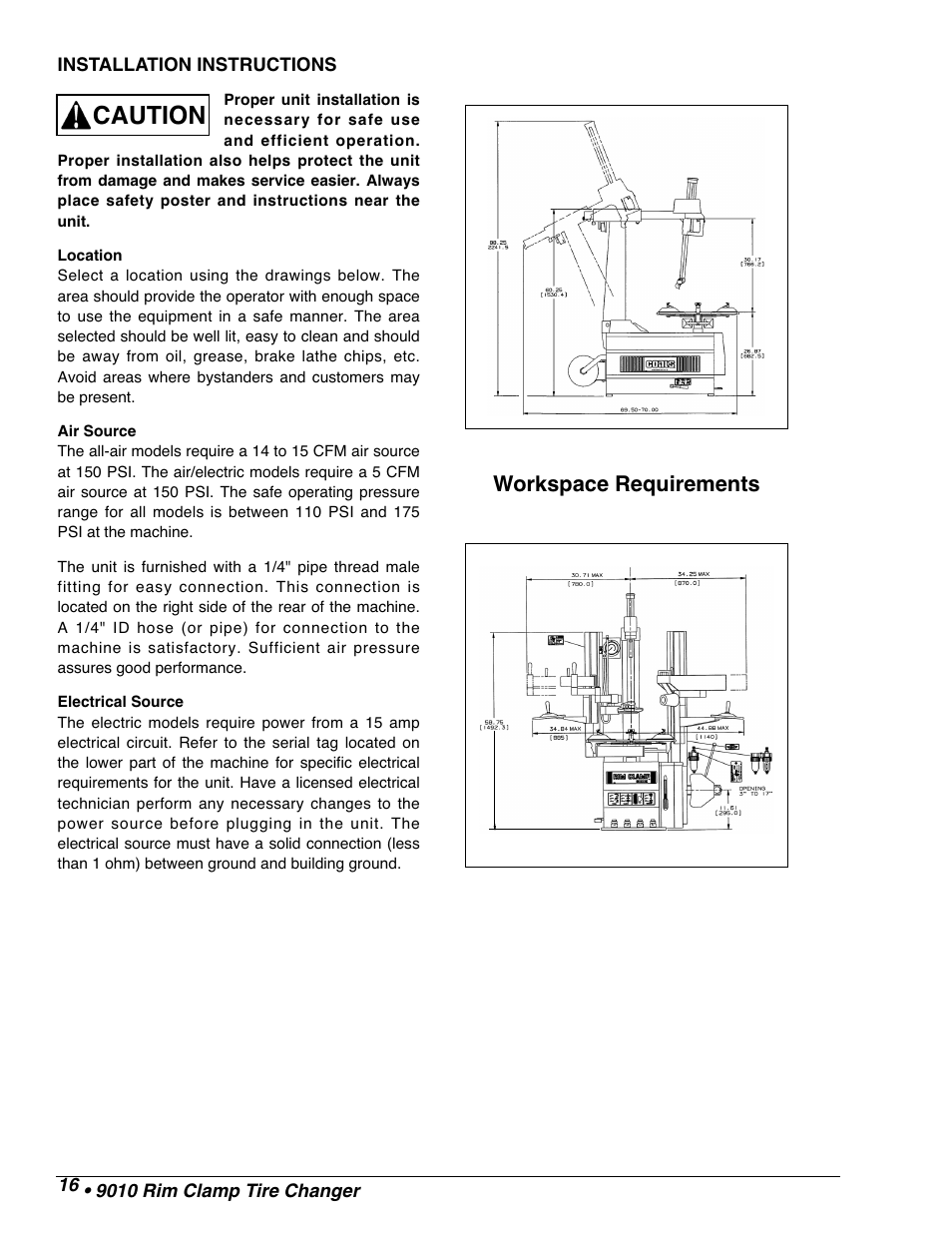 Caution, Workspace requirements | COATS 9010 AX/EX Tire Changer User Manual | Page 18 / 20