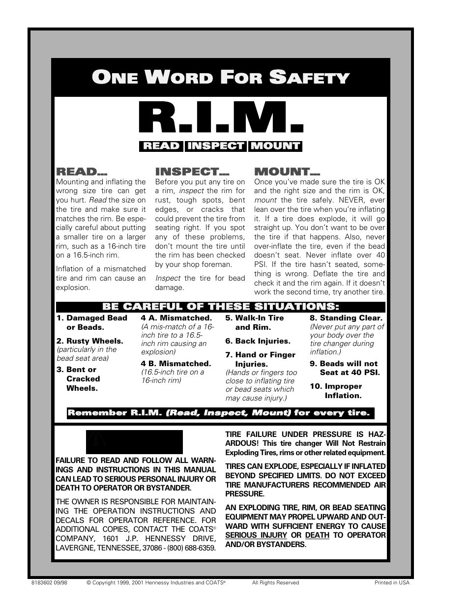 R.i.m, Afety | COATS 9010 AX/EX Tire Changer User Manual | Page 20 / 20
