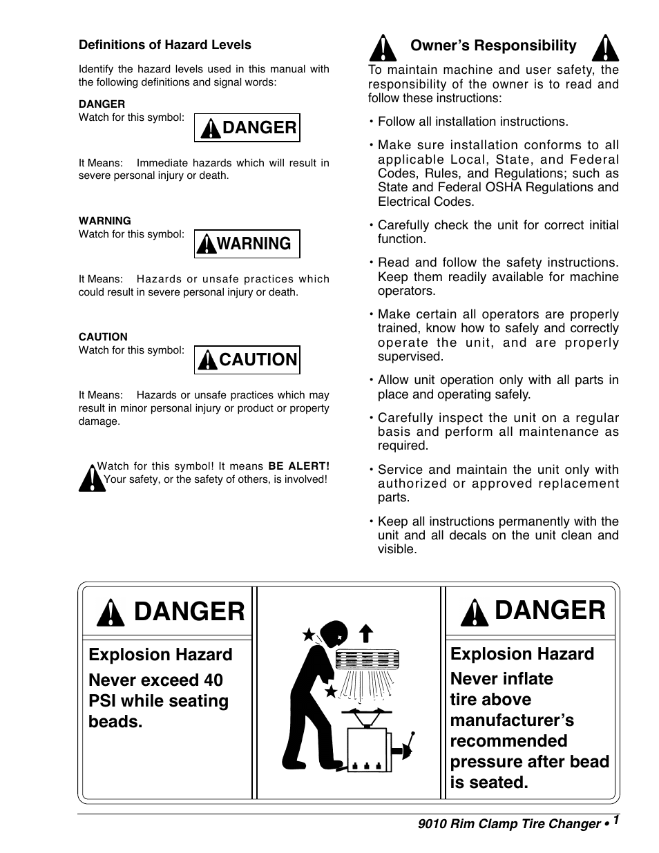 Danger | COATS 9010 AX/EX Tire Changer User Manual | Page 3 / 20