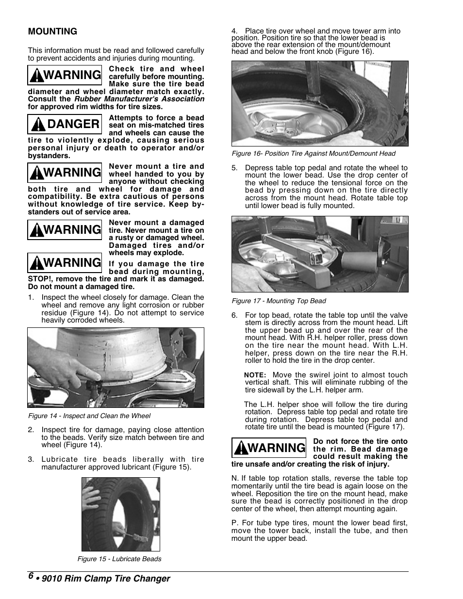 Warning, Warning danger warning warning | COATS 9010 AX/EX Tire Changer User Manual | Page 8 / 20