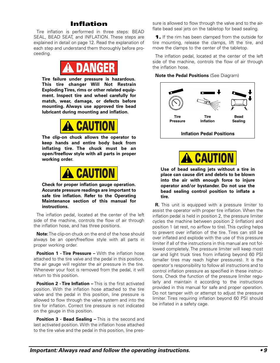 Caution, Caution danger | COATS 9024E Tire Changer User Manual | Page 13 / 28