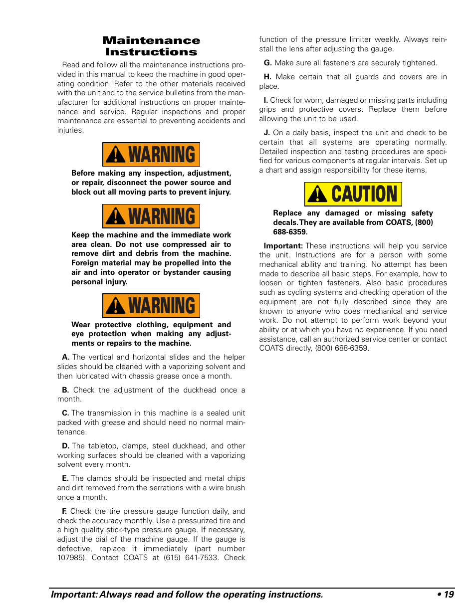 Caution warning warning warning | COATS 9024E Tire Changer User Manual | Page 23 / 28