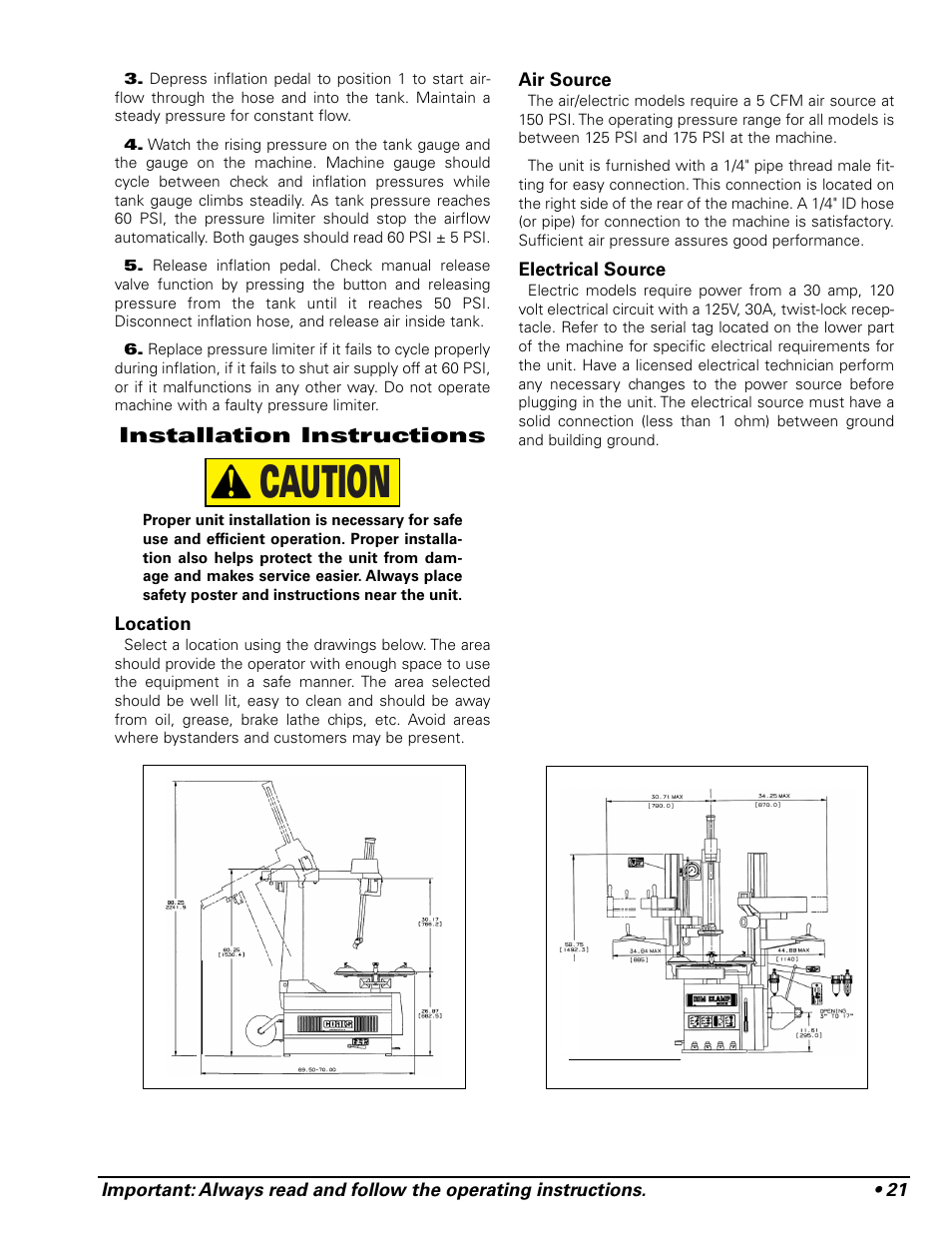 Caution, Installation instructions | COATS 9024E Tire Changer User Manual | Page 25 / 28