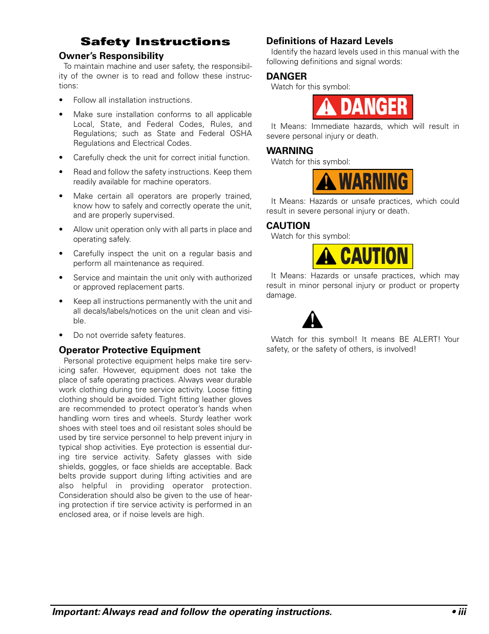 Danger warning caution, Safety instructions | COATS 9024E Tire Changer User Manual | Page 3 / 28