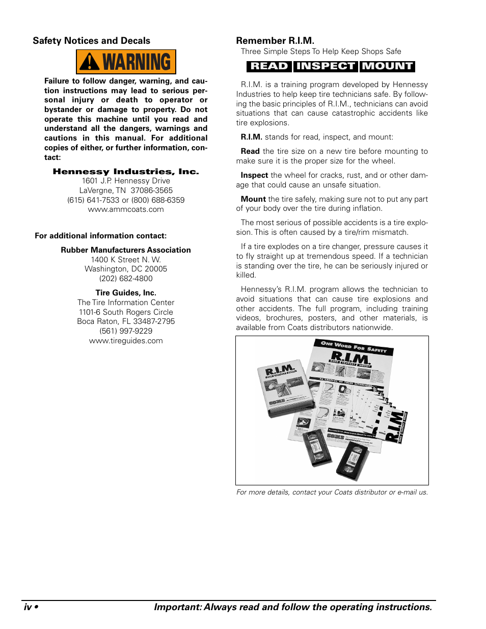 Warning | COATS 9024E Tire Changer User Manual | Page 4 / 28
