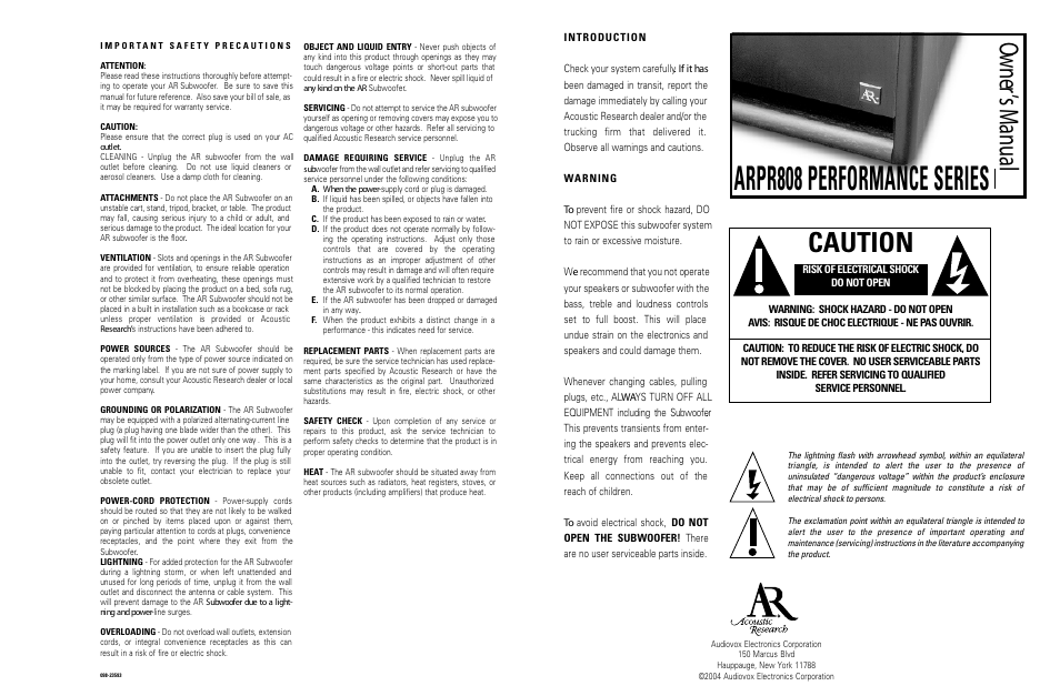 Acoustic Research ARPR808 User Manual | 6 pages