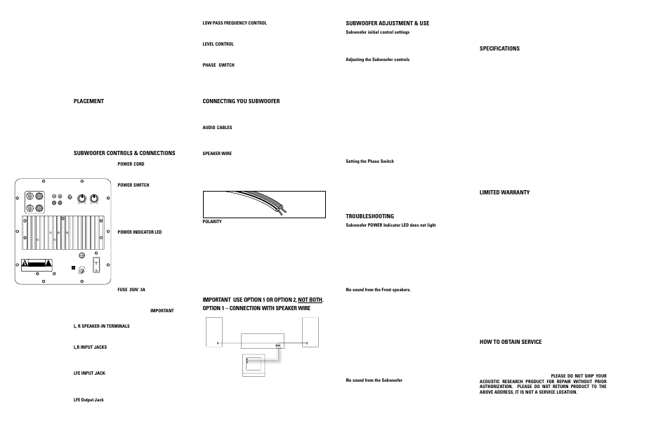 Placement, Subwoofer controls & connections, Connecting you subwoofer | Subwoofer adjustment & use, Troubleshooting, Specifications, Limited warranty, How to obtain service | Acoustic Research ARPR808 User Manual | Page 2 / 6