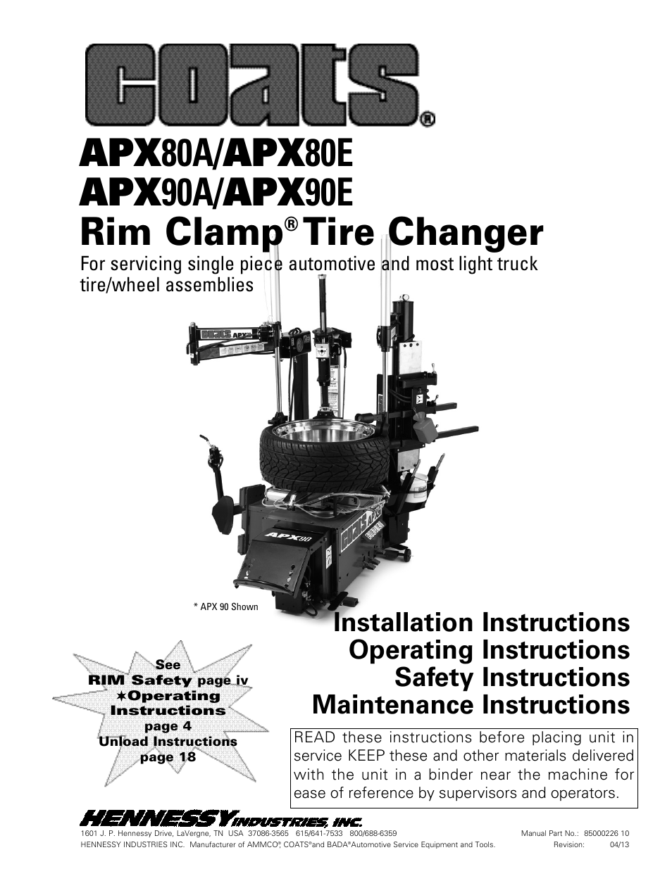 COATS APX Rim Clamp Tire Changer User Manual | 28 pages