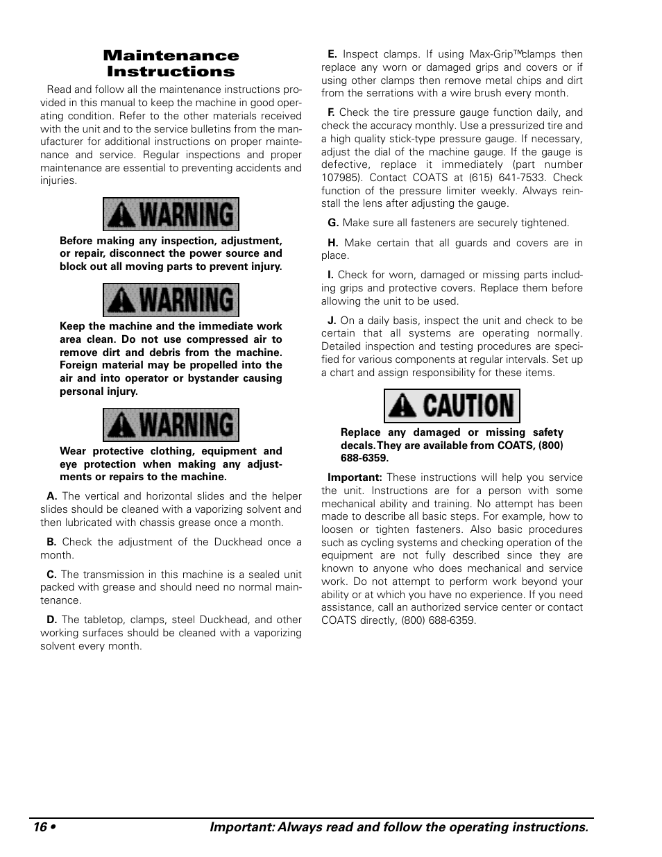 Maintenance instructions | COATS APX Rim Clamp Tire Changer User Manual | Page 20 / 28