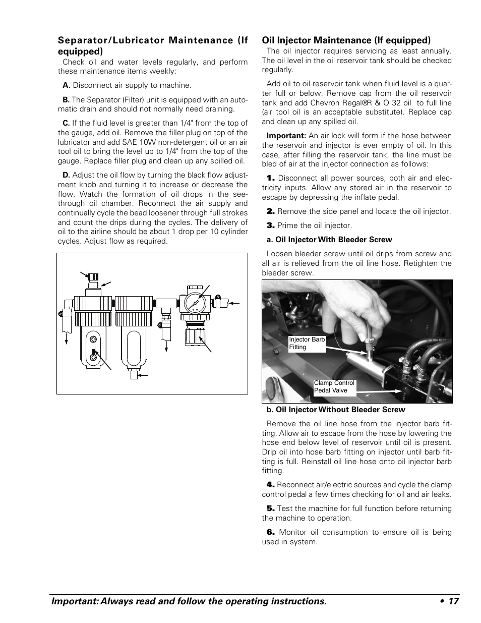 Oil injector maintenance (if equipped) | COATS APX Rim Clamp Tire Changer User Manual | Page 21 / 28