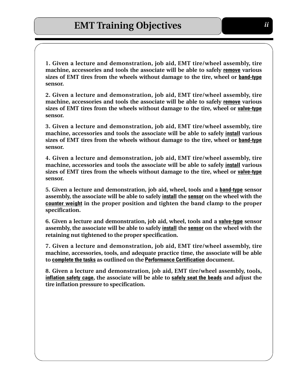 Emt training objectives | COATS Extended Mobility (EMT) RunFlat Tires User Manual | Page 5 / 48