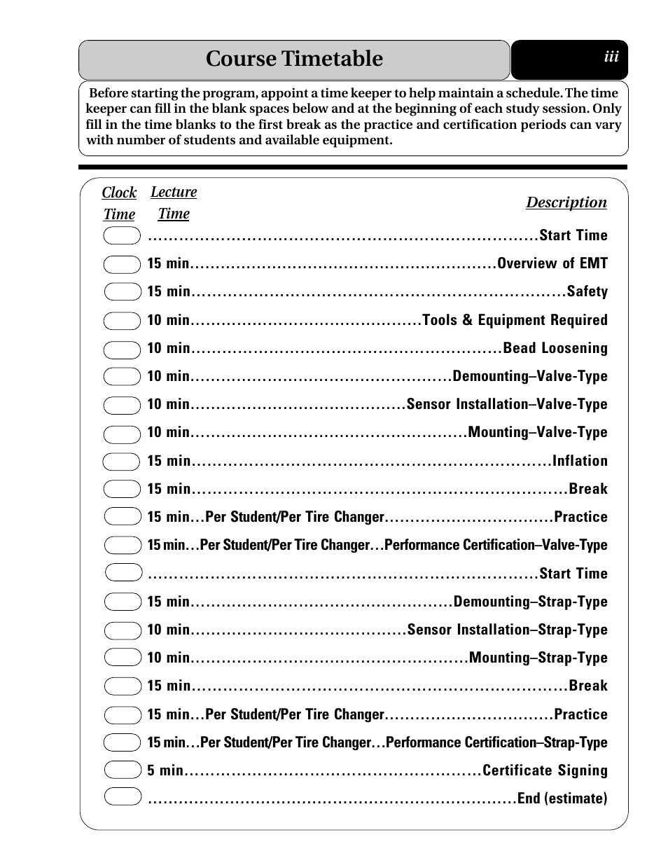 Course timetable | COATS Extended Mobility (EMT) RunFlat Tires User Manual | Page 7 / 48
