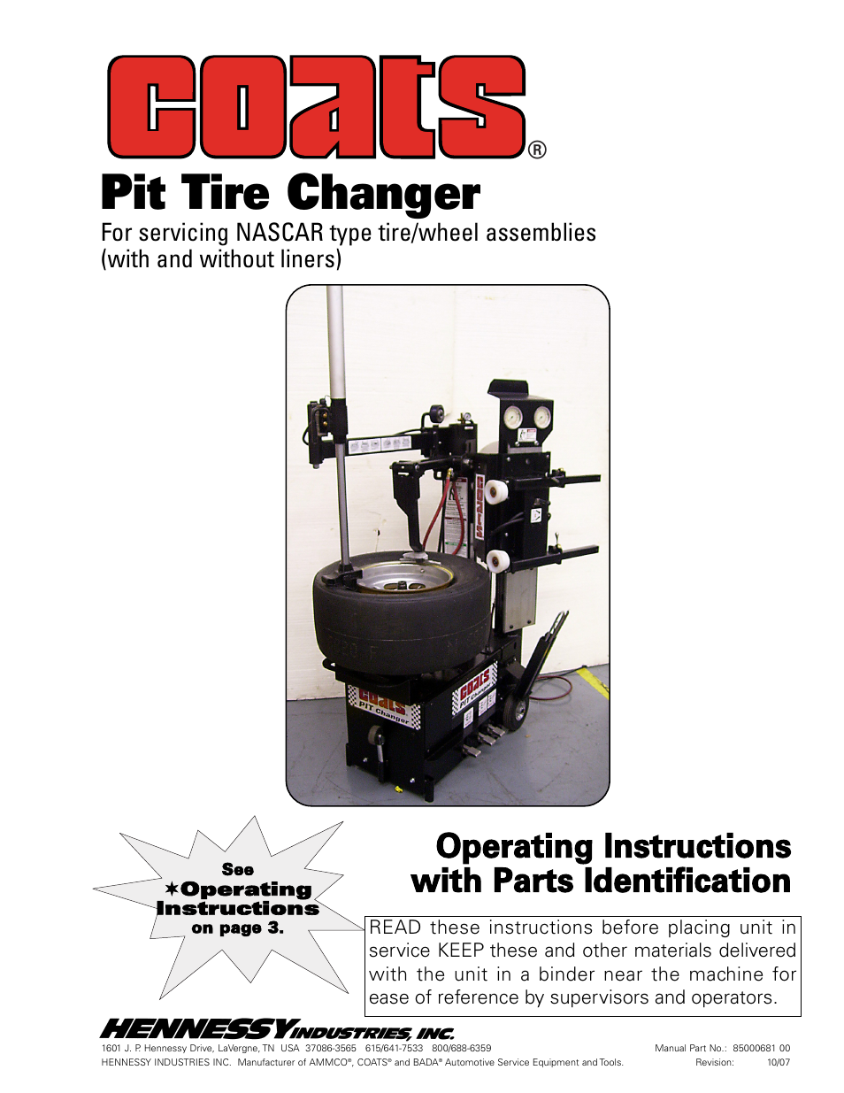 COATS Pit Tire Changer User Manual | 28 pages