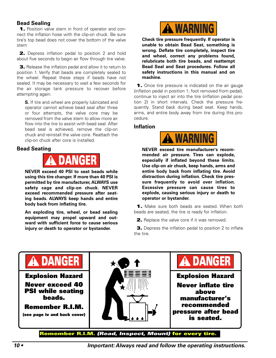 Warning, Warning danger, Danger | COATS Pit Tire Changer User Manual | Page 14 / 28