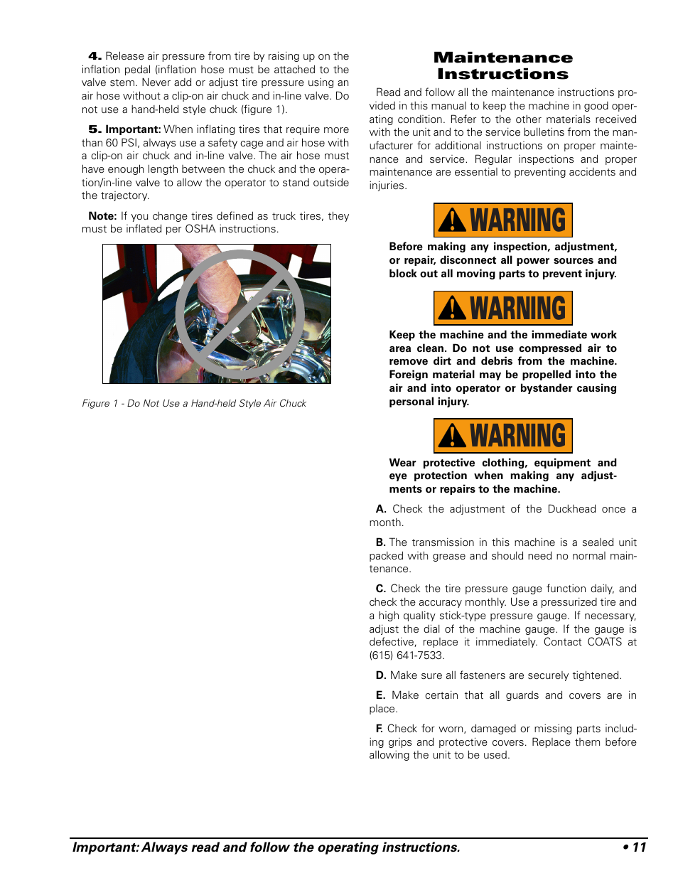Warning | COATS Pit Tire Changer User Manual | Page 15 / 28