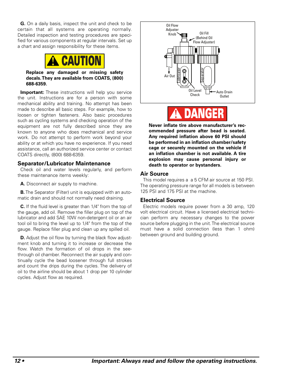 Danger caution | COATS Pit Tire Changer User Manual | Page 16 / 28