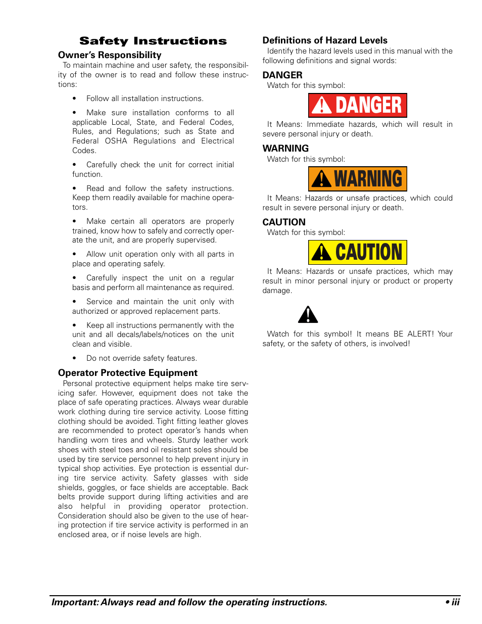 Danger warning caution, Safety instructions | COATS Pit Tire Changer User Manual | Page 3 / 28