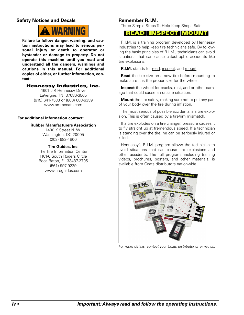 Warning | COATS Pit Tire Changer User Manual | Page 4 / 28