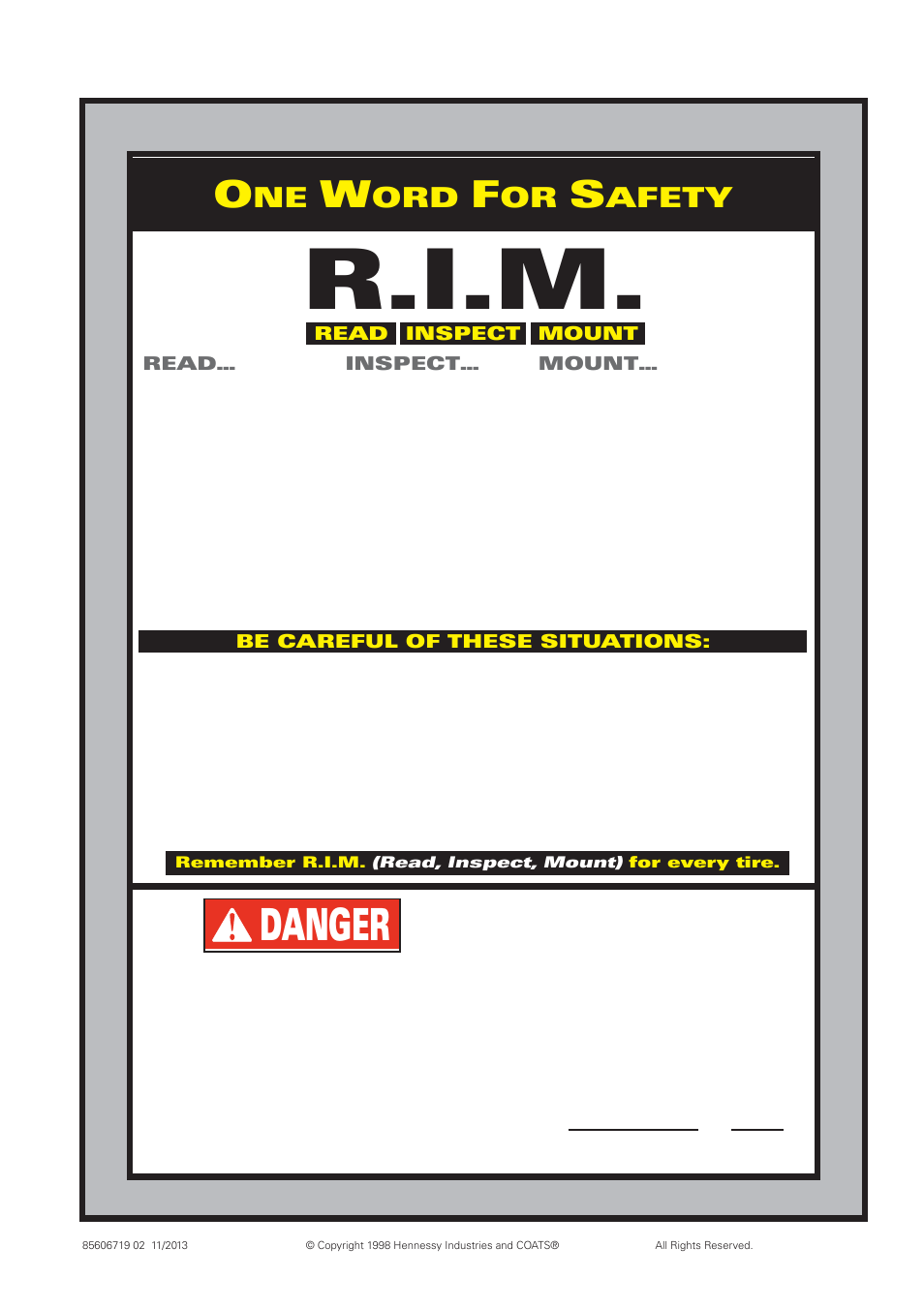 R.i.m, Danger, Afety | COATS ProGuard Leverless Plus Tire Changer User Manual | Page 42 / 42