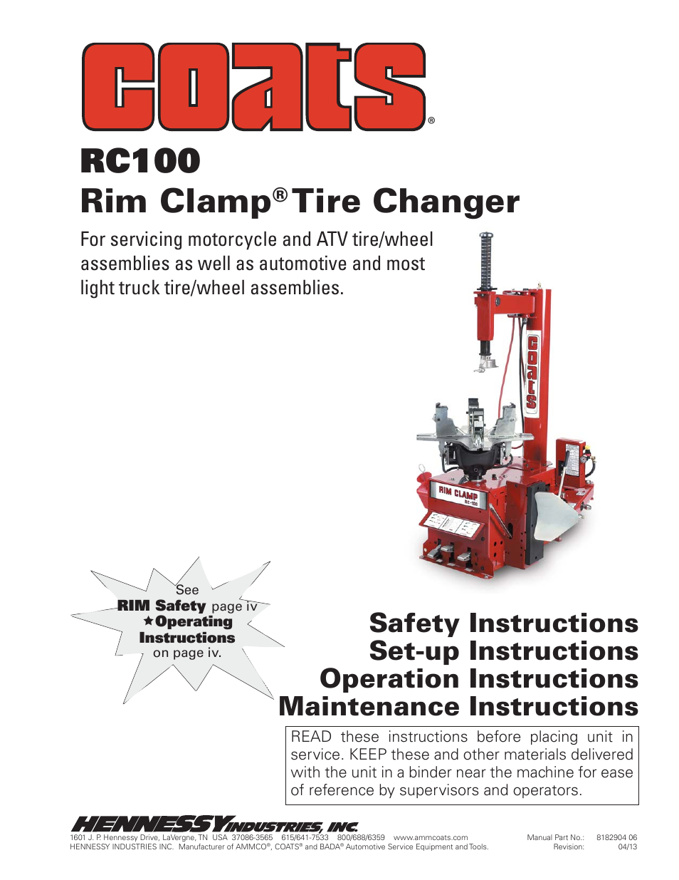 COATS RC-100 Tire Changer User Manual | 24 pages