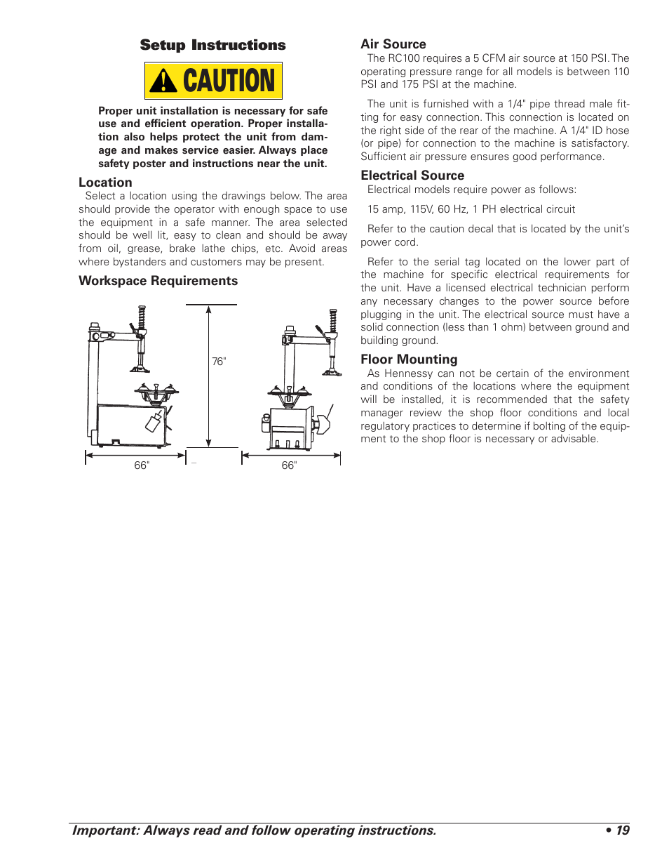 Caution, Setup instructions | COATS RC-100 Tire Changer User Manual | Page 23 / 24