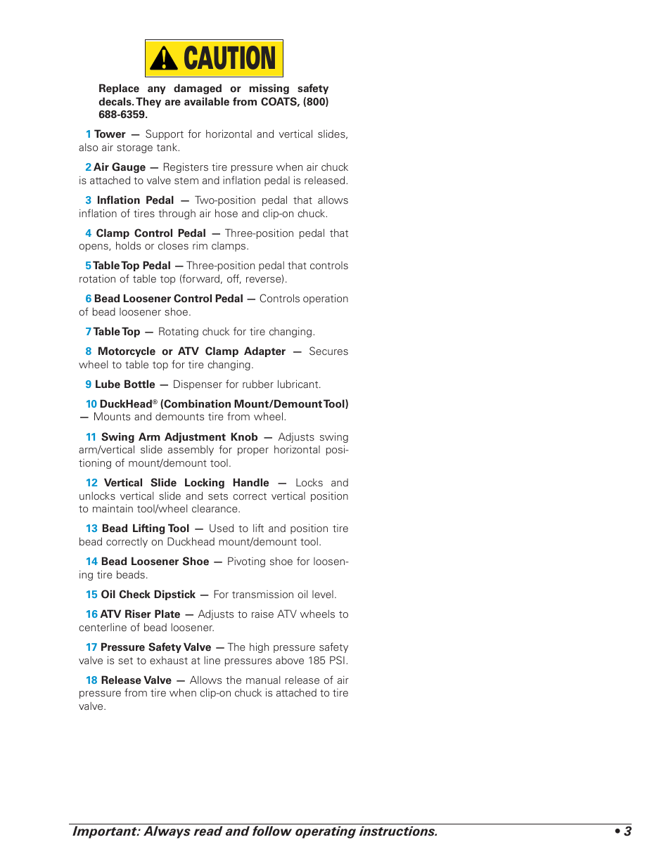 Caution | COATS RC-100 Tire Changer User Manual | Page 7 / 24