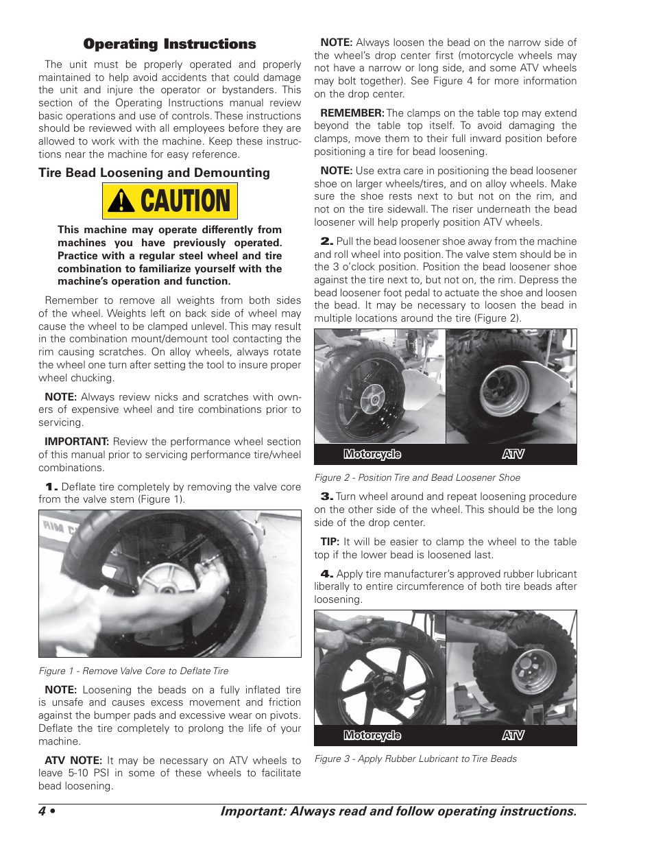 Caution, Operating instructions | COATS RC-100 Tire Changer User Manual | Page 8 / 24