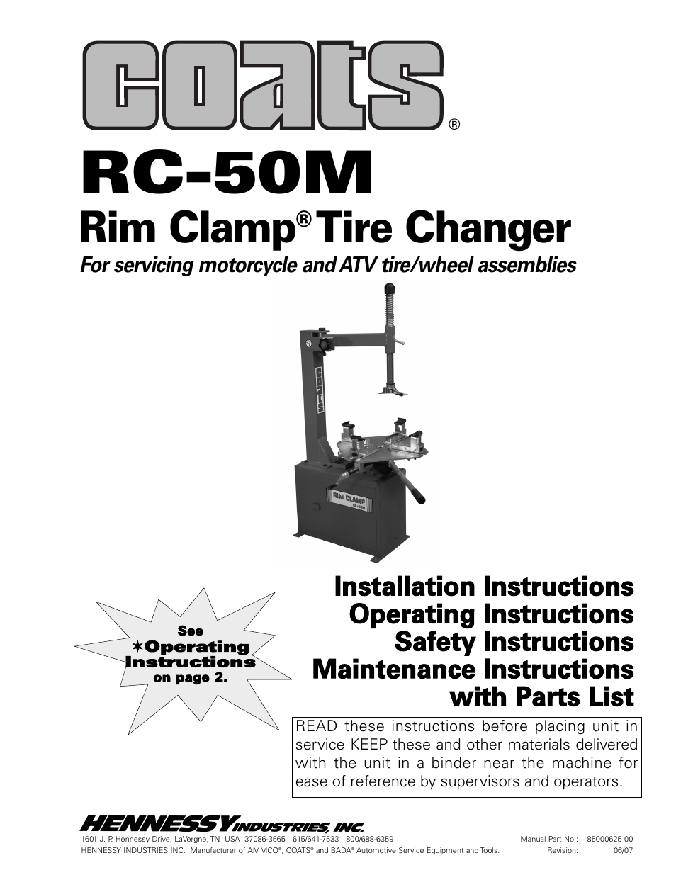 COATS RC-50M Rim Clamp Tire Changer User Manual | 16 pages